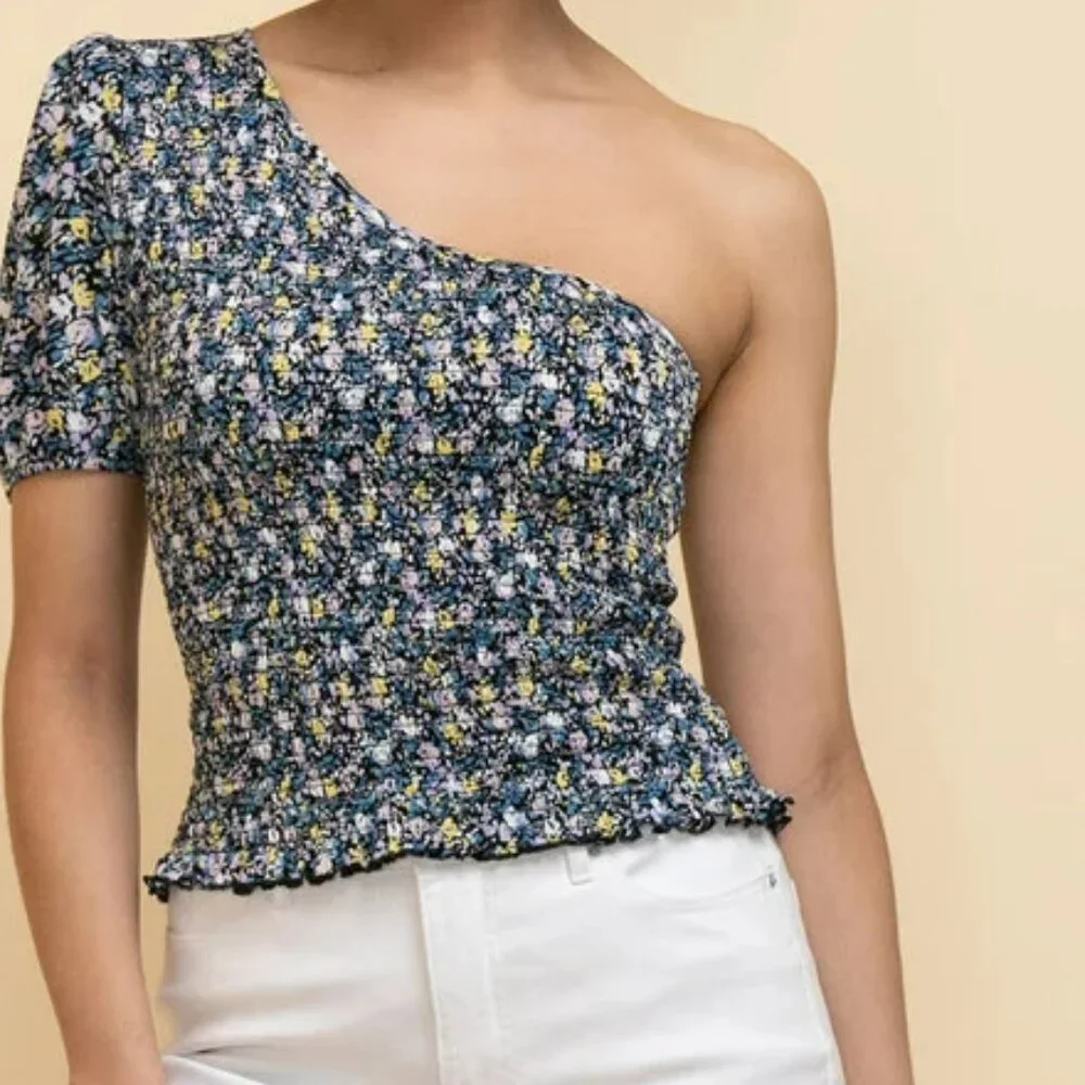Ricki's One-Shoulder Floral Smocked Top in Navy, Yellow & Lilac - Picture 3 of 4